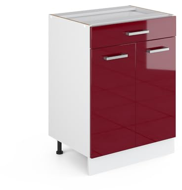 Vicco Küchenunterschrank R-Line, Rot Hochglanz, 60 cm | 1 Schublade · Ohne Arbeitsplatte · Höhenverstellbare Füße · 2 Türen · ✓ Leichter Zugriff