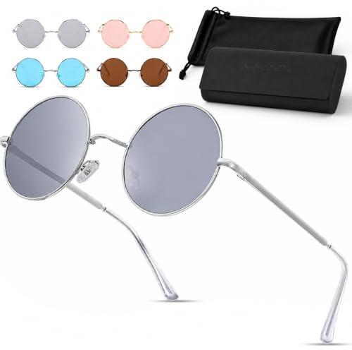 Netrox Runde Sonnenbrille im Retro-Stil | UV400-Schutz Linsen | Unisex Brille inkl. Etui und Microfaserbeutel | Vintage 70er Metallrahmen mit verspiegeltem Glas