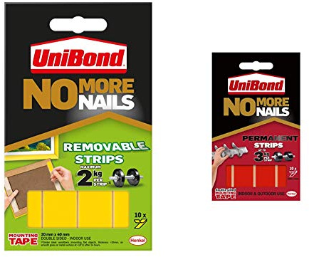 Unibond UNI781739 No More Nails Strip Ultra-strong Removable Translucent, Pack of 10 & No More Nails Permanent Strips, Double Sided Sticky Tape for Interior & Exterior Use, Waterproof Tape, Pack of 10