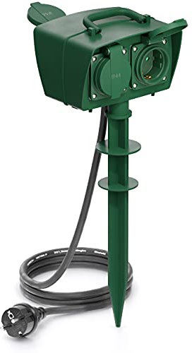 deleyCON Toma Exterior con Estaca, Cuatro Tomas, Protección Reforzada, IP44 Resistente a Salpicaduras, Apta para Intemperie, Cable de 1,4 m para Jardín y Terraza