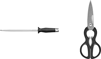 WMF Spitzenklasse Plus Wetzstahl 36 cm, Wetzstab für Messer, Cromargan Edelstahl, Stahllänge 23 cm & Küchenschere 21 cm, Haushaltsschere mit Sägeschliff, Schere Küche, Edelstahl, Kunststoffgriff