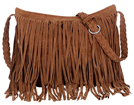 PRETYZOOM - Borsa a tracolla con nappa, in pelle, con nappa, borsa a tracolla da donna, con frange, colore: marrone chiaro, Marrone chiaro,