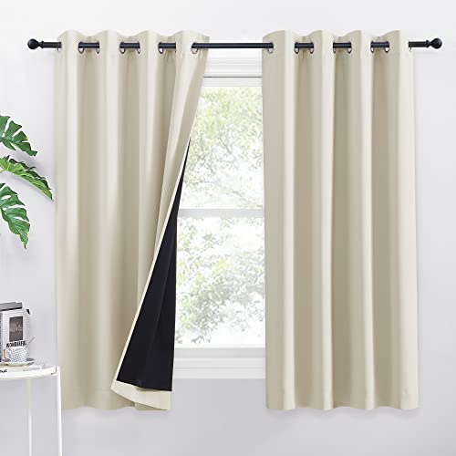 PONY DANCE Abdunkelnde Vorhänge mit Schwarzem Futter Schlafzimmer Gardinen mit Ösen Blickdicht Thermovorhänge gegen Hitze 100% Verdunkelungsvorhang, 2er Set H 145 x B 140 cm, Hellbeige | H 145 x B 140 cm, Hellbeige, Sonnenschutz, Hitzeschutz, Doppellagig, Dick, mit Ösen, für Wohnzimmer, Kinderzimmer, 2er Set