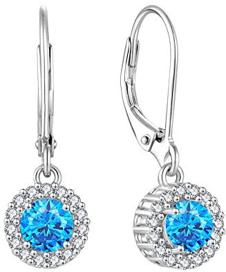 JO WISDOM Damen Hängende Ohrringe Halo Silber 925 mit 3A Zirkonia März Geburtsstein Aquamarin Farbe,Ohrhänger Schmuck,Schmuck für Frauen