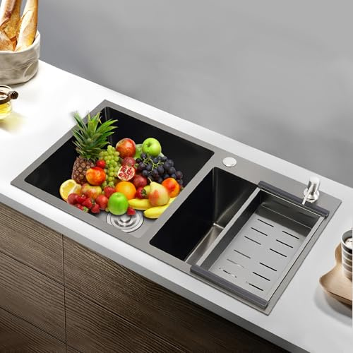 Fregadero Cocina de Acero Inoxidable, 2 Cuencos Fregadero de Cocina, Fregadero Empotrado, 78 × 43 × 22 cm, Fregadero Doble con Desagüe y Dispensador de Jabón