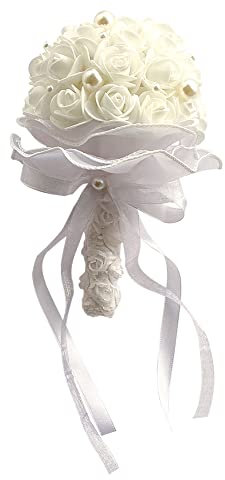 ISAKEN Bouquet da Sposa Fatta a Mano, Fiori Mazzi di Perle Rose da Sposa in Raso, Bouquet di Fiori Artificiali Bouquet di Rose Romantiche Decorazione per Feste