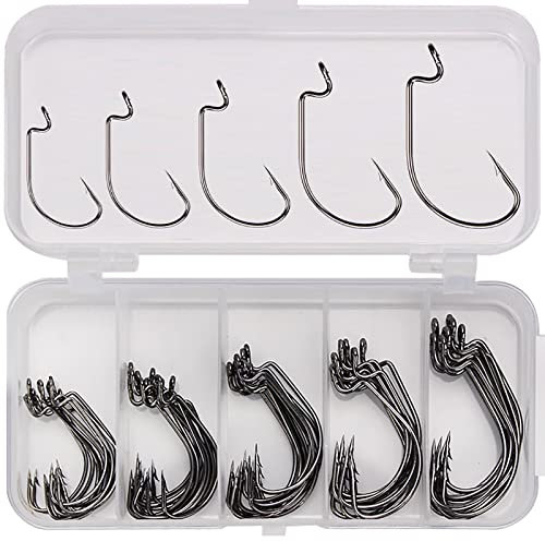 WUDQIJI Angelhaken Set 50 Stück Offset Haken Dropshot Haken Salzwasser Angelhaken Offset Wurm Angeln Haken Offsethaken Offset Wurm Haken mit Kunststoffboxen in 5 Größen für Gummiköder