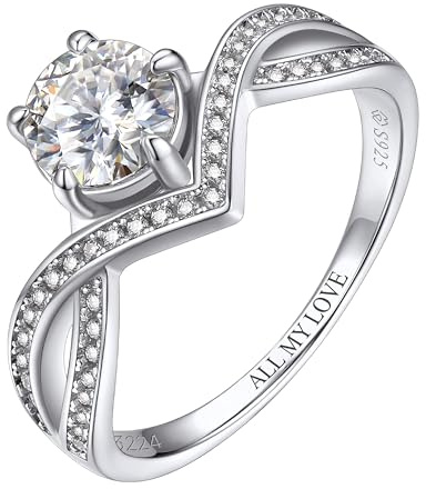 MomentWish Personalisiert Verlobungsring 1Carat Moissanit Diamant Damenring, VVS1 D Farbe 925 Sterling Silber, Trauring Ehering Verlobung Hochzeit Geschenk-Größe60