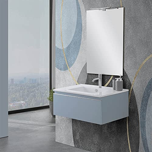 Mobile Bagno sospeso con lavabo 80, cassettiera 80 cm Blu Pastello Opaco con Chiusura Soft-Close, lavabo da Incasso in Ceramica 80 x 50 cm e Specchio Reversibile a Filo Lucido 60 x 80 cm