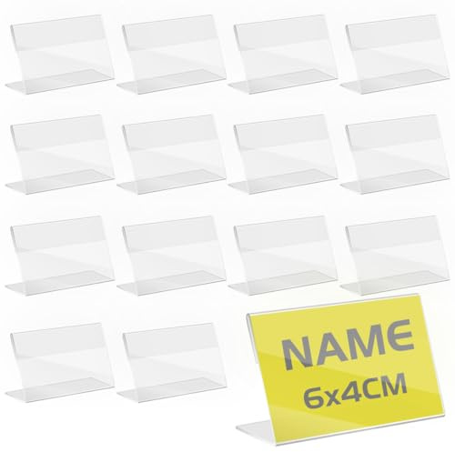 TAPKUA 50 Pezzi Porta Etichette Trasparente, (6 x 4 cm) Mini Porta Cartellini in Acrilico, Supporto Espositore in Plastica a Forma di L, Adatto per Scaffali di Negozio/Panetteria/Drogheria/Porta-QR