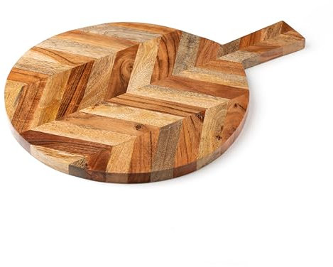 Tabla de cortar y tabla de cortar de madera con asa para carne, tabla de queso, verduras, pan y embutidos, tabla redonda decorativa de madera para servir cocina y comedor, grande, 16 x 12 pulgadas