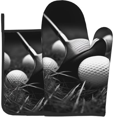 Lot de 2 maniques et maniques de golf noir et blanc – Tissu imperméable résistant à la chaleur – Idéal pour la cuisine, la pâtisserie, le barbecue – Idée cadeau