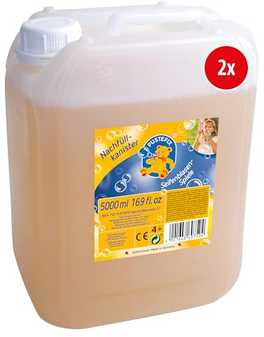 PUSTEFIX Nachfüllkanister 2 x 5 Liter, Seifenblasen Flüssigkeit Made in Germany, Bunte Seifenblasen für Hochzeit, Kindergeburtstag, Sommerfest, Kinder & Erwachsene