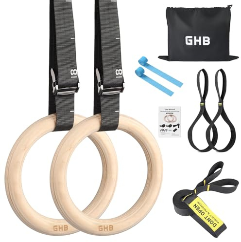 GHB Gymnastic Rings Wooden Gym Rings 1.25 Olympic Rings Adjustable Straps Pull Up Rings Sets for Workout Bodyweight Fitness Training