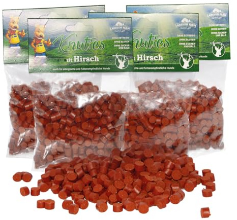Larsson Hunde Leckerlis Getreide- und Glutenfrei, 4er Set Kartoffel-Hirsch Knuties, Leckerli Hund, Hundesnacks für große und kleine Hunde, 4x150g Leckerlibeutel