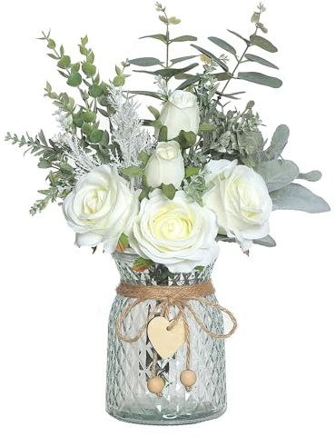 Fake Flowers with Vase, Artificial Silk Roses Flowers in Vase, Artificial Flowers Arrangement with Glass Vase Faux Rose for Decoration Table Centerpiece, Living Room Bathroom Plant Decor(White)