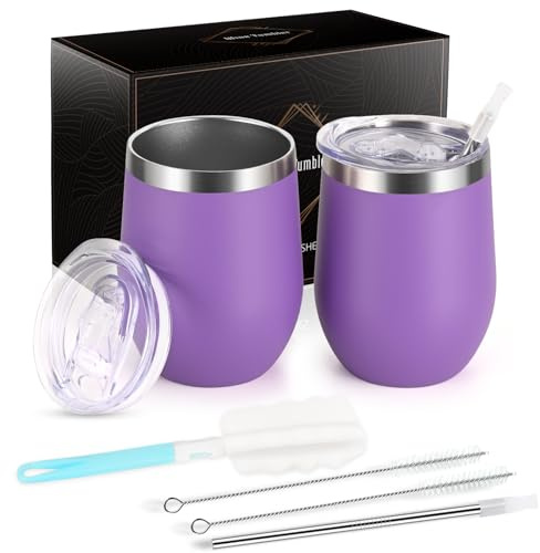 Joymaking 12oz Reusable Coffee Cup, 2 Pack Double Walled -Insulated Travel Mug Vacuum Stainless Steel Wine Tumbler with Spill Proof Lid, Great for Coffee, Tea, Milk and Wine, Purple