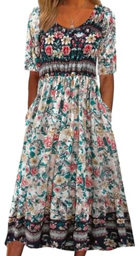 ABYOVRT Vestidos Largos Verano para Mujer Maxi Casual Estampada Retro Vestido de Manga Corta Informal Vestido de Playa con Bolsillos,XL