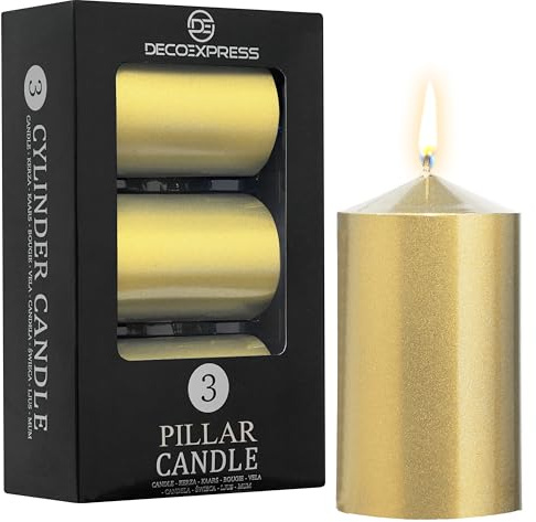 DECO EXPRESS Stumpenkerzen Set, 3er-Pack Metallic Kerzen, Lange Brenndauer 30 Stunden, Geruchslos & Rußarm, Deko Kerzen für Weihnachten, Adventskranz & Besondere Anlässe' (Gold - 3er-Pack)
