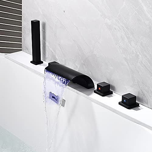 Schwarz Badewannenarmatur LED Wasserfall Duschset, 5 Loch Wannenrandarmatur Duschset mit Brause Wasserhahn Duscharmatur 1/2 Schläuche