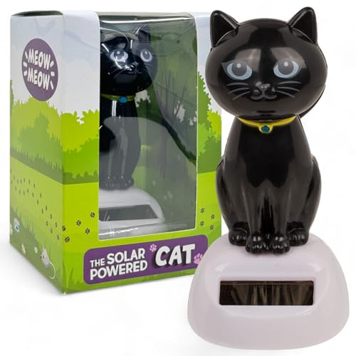 MIJOMA Figura oscillante a energia solare, in plastica, altezza 10 cm, non necessita di batterie, per davanzali, auto e luoghi soleggiati (gatto nero)