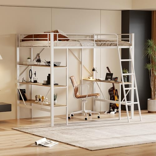 Lcoho Bettgestell Metallbett, Eisenbett, Hochbett mit Schreibtisch und DREI großen Ablagen für Kinder, Jugendliche und Erwachsene (Weiß)