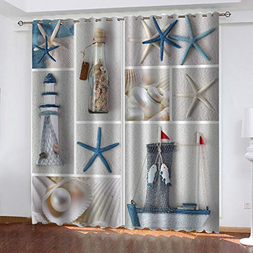 Vorhang Blickdicht Ösen 3D Seestern-Leuchtturm-Flasche Muster Kinderzimmer Jungen Mädchen 2Er Set 264X240Cm (BxH) Vorhänge Wohnzimmer Schlafzimmer Thermovorhang Hitzeschutz Fenstergardinen Modern