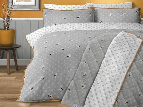 Duvet Cover Set, Grey Honeycomb Bee Design, Reversible Quilt Cover, Easy Care Bed Linen, Soft Cosy Bedding with Pillowcases Cotton Rich (King (U.K. Standard))
