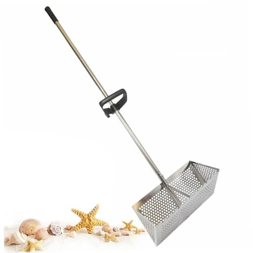 Râteau à puces de sable, tamis à sable de plage en acier inoxydable à dents de requin avec long manche amovible, râteau à sable pour plage avec trou hexagonal de 15,8 pouces, panier large, râteau à sa