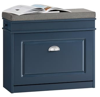 SoBuy Shoe Storage Bench with Seat Cushion - Narrow Shoe Cabinet with Flip Drawer, 2-Tier Rack, 150kg Load - Compact Hallway Storage Unit for Small Spaces Blue FSR82-K-B