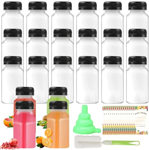 GOMETY 24 Stück 150ml Kunststoff Saftflaschen zum Befüllen, Leere Flaschen Wiederverwendbare Kleine Flaschen mit Reinigungsbürste Silikontrichter für Mini-Kühlschrank Juicer Shots Wasser Milch