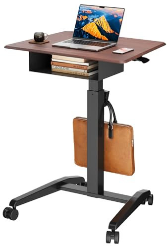 JOY worker Höhenverstellbarer rollbarer Laptop-Schreibtisch mit Ablage, mobiler Stehpult, pneumatischer mobiler Laptoptisch mit Rollen für Couch, Zuhause, Büro, Schule, hält bis zu 10 kg, dunkles