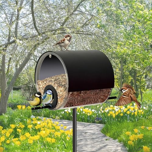 MeLiTec Edelstahl Vogel-Station Fässchen, schwarz matt, stehend, modernes Vogelhäuschen, Höhe 150cm