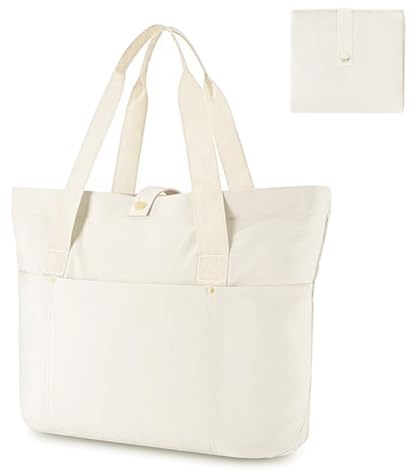 Aucuu Damhandväska, vikbar tygväska, datorväskor, vikbar och lätt tygväska för kvinnor, för resor, gym, arbete, skola, #1 beige, L- 41 x 15 x 29 cm