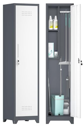 GREATMEET Slim Locking Metal Garage Storage Cabinet, 65 Lockable Utility Closet, Tall Steel Narrow Broom Closet Storage Cabinets with Door and Shelves for Laundry Room, Bathroom, White & Grey