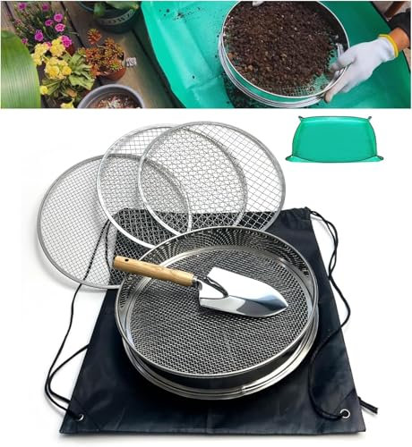 HEAWOWLI Edelstahl Gartensieb, 30cm Sieb mit 4 austauschbaren Siebeinsätzen (Ø 3, 6, 9, 12 mm) Steinsieb für Erde, Steine, Kompost, Schmutz und Felsen