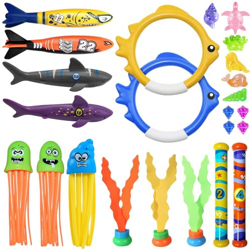 Olycism Pool Spielzeug für Kinder 24 Stück Tauchspielzeug mit Tauchringe Tauchen Stöcke Tauchen Torpedo Unterwasser Training Tauchen Spiel Sommer Schwimmen