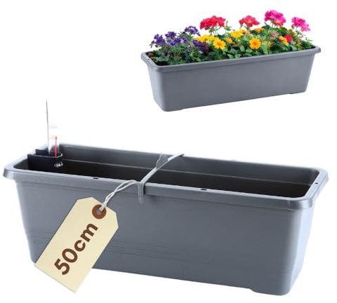 GarPet Blumenkasten Balkon Geländer Balkonkasten mit Halterung Blumenkasten Fensterbank Außen Rechteckiger Pflanzkasten mit Wasserspeicher Geländerkasten 50 Anthrazit