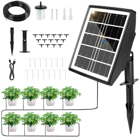 Système d'Arrosage Automatique Solaire avec Minuteur,Kit d'Irrigation pour Jardin,Balcon (Sans Raccordement d'Eau) & Plantes en Pot Extérieur,15m de Tuyau,Capteur d'Ea,Idéal pour Vacances & Autonomie