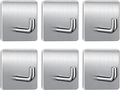 KOOSREEL Self Adhesive Hooks, Extra Sticky and Strong on Wall and Door, 6 Packs 304 Stainless Steel Heavy Duty Hooks for Doors, Kitchen, Bathroom, Cupboards, Office, Walls, Coats, Keys, Silver