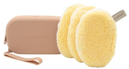 Waschies 3-tlg. Babys & Kinder Geschenkset mit wasserabweisendem Kulturbeutel in Nude & Waschpads in Pastellgelb - waschbar, wiederverwendbar & nachhaltig - ideal für Reisen und den täglichen Gebrauch