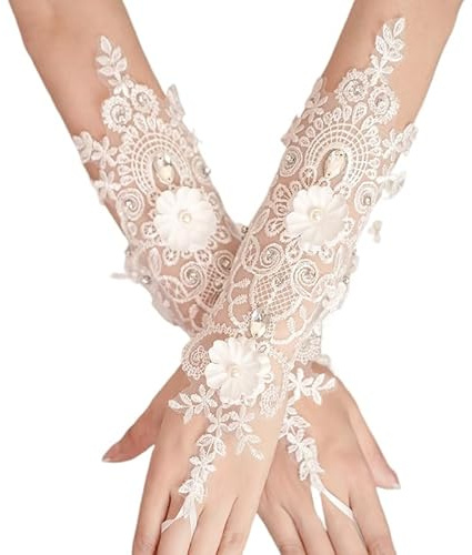YKAFADE Damen Hochzeit Brauthandschuhe Fingerlose Spitze Handschuhe mit Blumen Perle Abendhandschuhe Weiße Spitzenhandschuhe Klassische Oper Party Handschuhe 1920er Jahre Zubehör Kostüm Accessoires