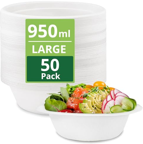 50 Pack Strong Paper Bowls – 950ml Extra Large Disposable Compostable Bagasse Bowl for Party – (8.5 x 2.4 inches) Biodegradable Eco-Friendly Heavy-Duty Microwavable Soup Bowls – Full Meal