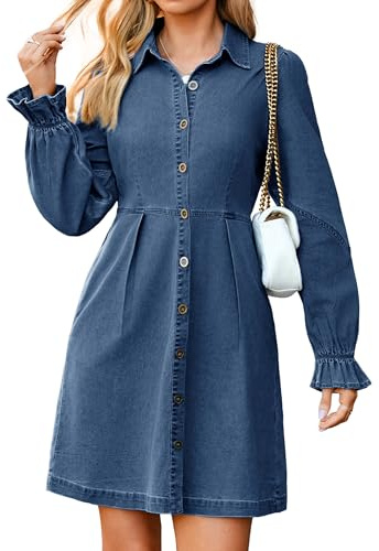 Simplee Denim Dress for Women Blue Jean Dresses 2025 Mini Fall A Line Cocktail Country Concert Western Outfit with Pockets(Denim Dark Blue L)