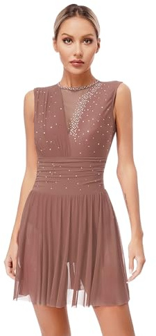 Linyuir Damen Gymnastikkörperanzug Eiskunstlauf Tanzkleid Klassische Lyrikärmellose Tanzkleid Lateinischer Tanz Jazz Rumba Salsa Walzer Tango Tanzbekleidung Sxxl