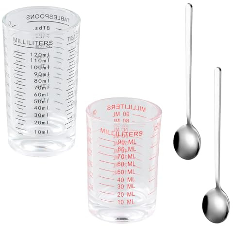 Aurafly Set of 2 Measuring Cups, Small Shot Glasses Liquid & Dry Measure Espresso Shot Cups Scale Shot Glass Measuring Cup with 2 Pieces Spoons for Cocktail Whiskey Wine Kitchen (90 ml, 120 ml)