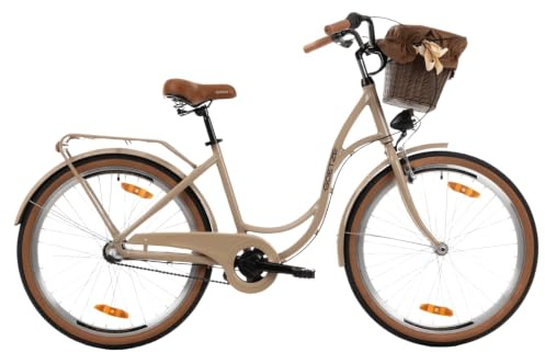 Goetze Style 26 Zoll ALU Damen Citybike Komfort-Fahrrad mit 3-Gang | 17 Zoll Aluminium Tiefeinsteiger, 14 kg, Rücktrittbremse & V-Brake, LED-Licht, Rattankorb, Gepäckträger & Ständer