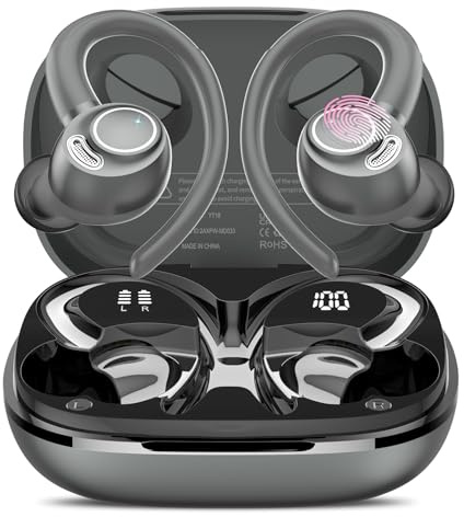 Wireless Earbuds, Bluetooth 5.4 Headphones Sport, Over Ear Buds with ENC Noise Cancelling Mic, 48H, Wireless Earphone with Earhooks, Stereo Deep Bass, IP7 Waterproof Ear Bud for Workout Running, Grey