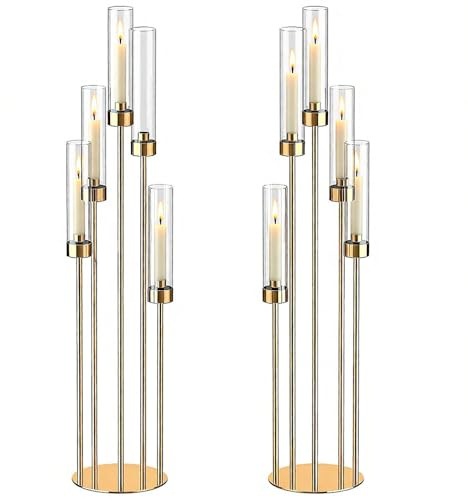 ybaymy 2 juegos de candelabros de 5 brazos para mesa de boda, 106 cm de alto con pantalla de acrílico, soporte de metal dorado para velas para fiestas, decoración del hogar, Halloween, día de Navidad