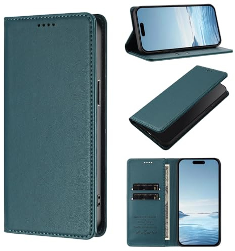 WOWUDI Funda para Motorola Moto E20 / E30 / E40,Bloqueo RFID Carcasa Protector con Ranuras para Tarjetas,ase Magnético Fuerte Ranura para Doble Tarjeta -Verde Pavo Real